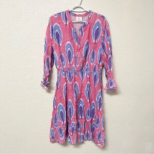 Nimo 100% Linen Pink Print Ikat Midi Dress Buttons Womens Size XL